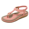 Elegant pink T-strap women's sandals with elastic back strap and gold buckle detail - 35 / Pink
