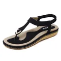 Stylish women's T-strap sandals with metallic buckle and elastic back strap for summer. - 35 / Black