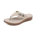 Women's comfortable beige wedge flip-flop sandals with metallic stud details and perforated strap - 36 / Apricot