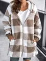 Full view of women's loose plush plaid hooded jacket with zip closure and pockets - S / Tops / Khaki