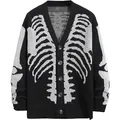 Detailed view of black knitted cardigan with white skeleton jacquard pattern for Halloween - 3XL / Tops / Black