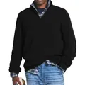 Vista detallada de un jersey de punto acanalado negro para hombre con cuello alto y media cremallera - M / Tops / Negro
