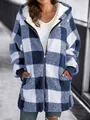 Close-up of blue and white checkered plush fleece hooded jacket with front zipper. - Blue