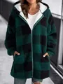 Detail showing texture of green and black plaid fuzzy hooded jacket with zipper - S / Tops / Dark Green
