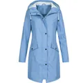 Light blue women's mid-length hooded outdoor raincoat windbreaker jacket detail - S / Tops / Blue