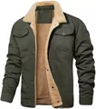 Detail view of army green men's workwear jacket with warm sherpa fleece lining - Army Green
