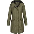 Front view of a women's mid-length olive green outdoor windbreaker with hood and pockets - S / Tops / Army Green