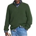 Close-up of men's green ribbed knit sweater featuring a stylish half-zip high collar design - Army Green