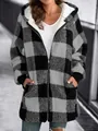 Detail of women's plush checkerboard plaid hooded jacket with zip closure and pockets - S / Tops / Gray