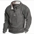 Detailed view of men's grey quarter-zip sweatshirt with warm fleece-lined mock neck collar - S / Tops / Gray