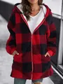 Detail of a cozy red and black buffalo plaid fleece hooded jacket with soft white lining. - Red