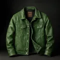 Vintage green leather biker jacket with lapel and cargo workwear pockets for men - S / Tops / Green