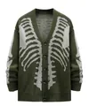 Vue détaillée d'un cardigan tricoté vert foncé avec motif jacquard squelette blanc - 3XL / Hauts / Vert Militaire