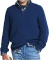 Vista detallada de un suéter de punto azul para hombre con media cremallera y textura acanalada - M / Tops / Azul marino