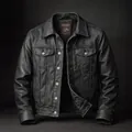 Premium vintage black leather trucker jacket with collar and metal buttons for men - S / Tops / Black