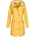 Premium women's yellow mid-length hooded waterproof windbreaker outdoor raincoat jacket - S / Tops / Yellow