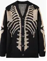 Gothic black skeleton jacquard knit cardigan with V-neck and buttons for Halloween - 3XL / Tops / Black + Khaki