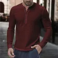 Men's red and black striped Henley shirt with multi-button placket and long sleeves - S / Tops / Burgundy