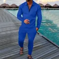 Men's royal blue textured knit tracksuit set with half-zip polo and matching trousers - Blue