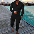 Detail view of men's black textured long-sleeve two-piece casual resort outfit set - S / Top And Bottom / Black