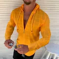 Close-up of men's slim fit long sleeve hooded cardigan in orange grid texture - S / Tops / Yellow