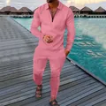 Men's stylish long sleeve polo and pants two-piece set with pink textured geometric pattern - S / Top And Bottom / Pink