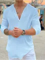 T-shirt homme bleu clair en coton col V à manches longues style décontracté de plage - S / Hauts / Bleu clair