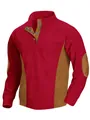 Front view of men's red corduroy top with brown elbow patches and button collar - Red