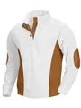 Detail view of men's casual white corduroy top with brown side and elbow patches. - White