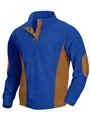 Detail of men's blue ribbed corduroy shirt with contrast brown panels and elbow patches - Blue