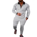 Men's leisure two-piece set with grey lattice pattern, long sleeve polo and pants suit - White
