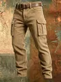 Detailed view of men's khaki slim fit corduroy cargo pants with multi-pockets - Khaki