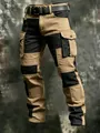 Men's 100% cotton tactical color-block cargo pants with multi-pockets in khaki and black - 3XL / Bottoms / Khaki