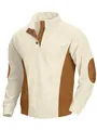 Detailed view of men's ribbed corduroy stand collar shirt with contrast button placket - S / Tops / Apricot