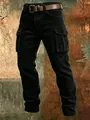 Detailed view of men's black corduroy slim fit cargo pants with side flap pockets - S / Bottoms / Black