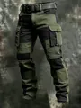Men's tactical cargo pants in green and black patchwork style with multi-pocket design - 3XL / Bottoms / Army Green