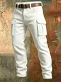 Detail view of men's white slim-fit corduroy cargo pants with large side pockets - S / Bottoms / White