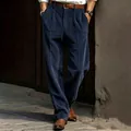 Close-up detail of blue corduroy texture on men's straight-leg casual business trousers - Navy Blue
