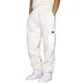 Detail view of men's white fleece-lined cargo pants with multi-pockets and drawstring. - White