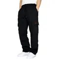 Detailed view of men's loose cargo pants with drawstring waist and side pockets - S / Bottoms / Black