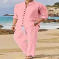 Men's light pink casual two-piece beach suit set with long sleeve shirt and pants - S / Top And Bottom / Pink