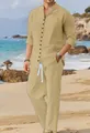 Men's casual beige linen-look long-sleeve shirt and pants beach set outfit - S / Top And Bottom / Khaki