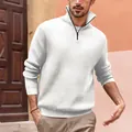 Detail view of men's white ribbed quarter-zip knit sweater with high polo collar - S / Tops / White