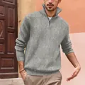 Men's grey quarter-zip ribbed knit polo sweater, featuring a stylish high collar design. - S / Tops / Light Gray
