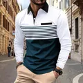 Men's stylish long sleeve polo shirt with navy and white color blocking and stripes - S / Tops / White