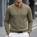 Maglia Henley da uomo a manica lunga in maglia a nido d'ape verde oliva e toppe marroni. - Taglia S / Top / Verde