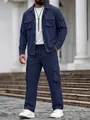 Marineblauwe heren cargo tweedelige set met multi-pocket jas en broek - Marineblauw