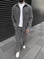 Men's grey corduroy two-piece set with long-sleeve shirt and matching casual trousers - S / Top And Bottom / Gray