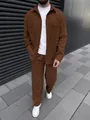 Men's two-piece corduroy set featuring long sleeve jacket and matching brown trousers - S / Top And Bottom / Coffee