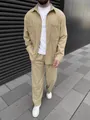 Detail view of men's beige corduroy casual set with long sleeve jacket and trousers - S / Top And Bottom / Khaki